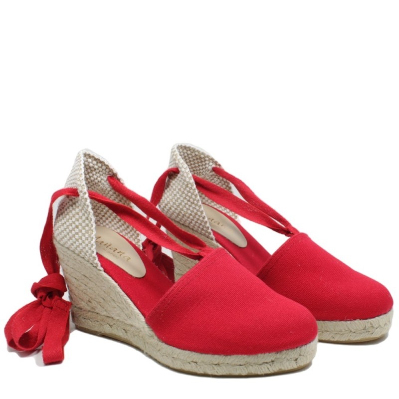 Espadrillas High Wedges Sandals Mañana with Laces Colour Red