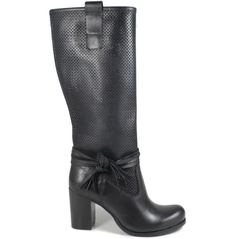 Perforated High Boots with Heel and laces '704' - Black