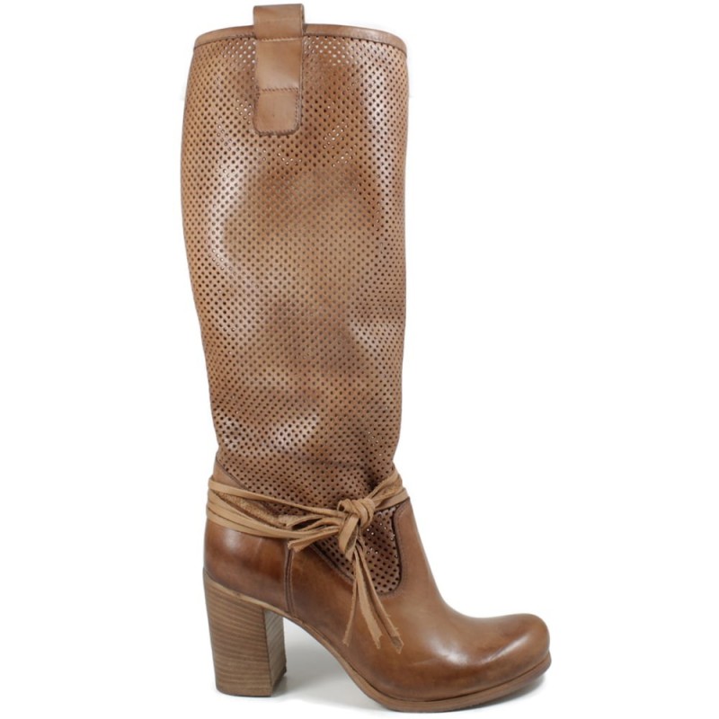 Perforated High Boots with Heel and laces '704' - Tan