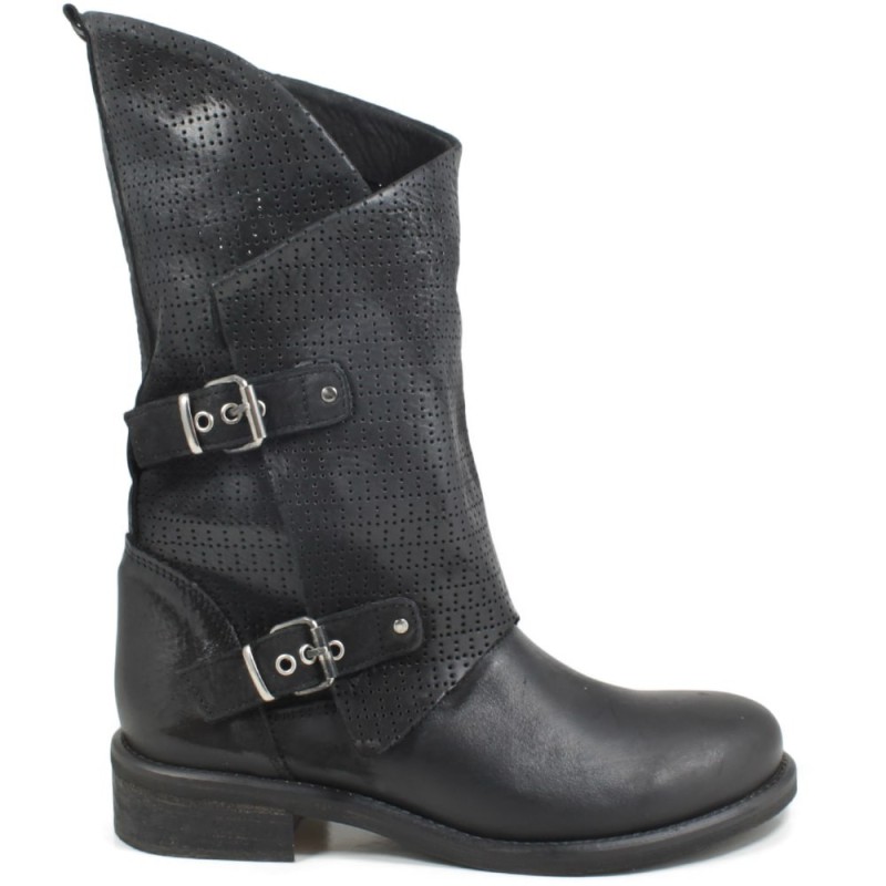 Biker Boots Perforated Asymmetrical 'MANTRA/A' - Black