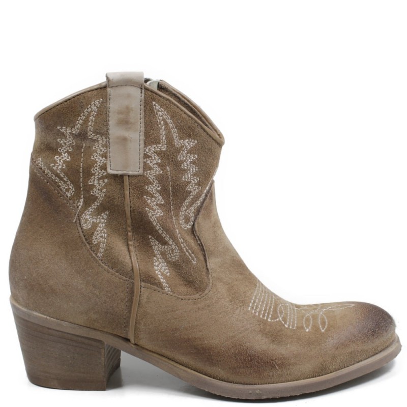 Texan Low Boots Embroidered 'RIC12' - Suede Taupe