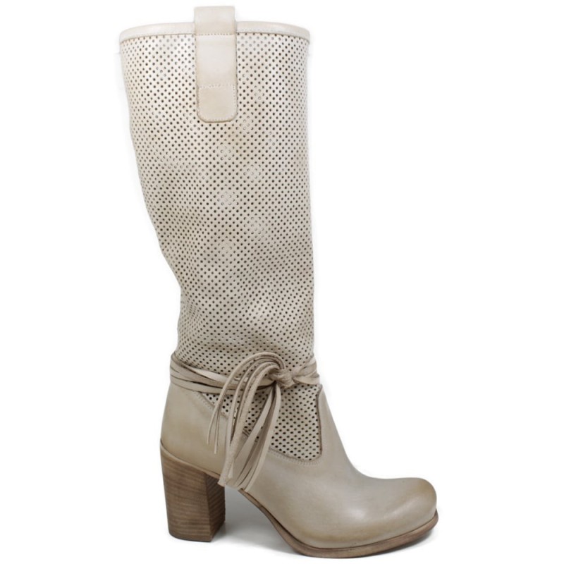 Perforated High Boots with Heel and laces '704' - Beige