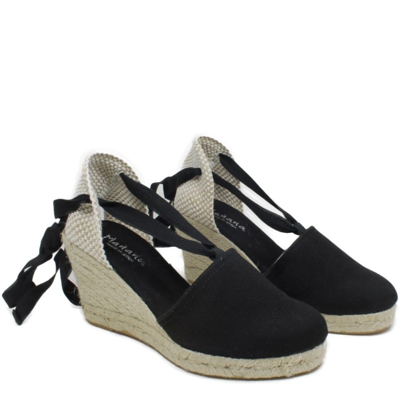 Espadrillas Sandals on High Wedges with Lace "701" - Black