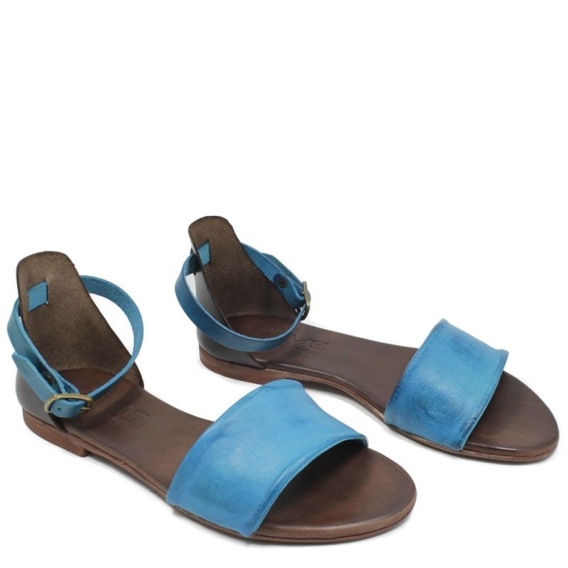 Flat Sandals in Genuine Leather "Stripe" - Brown/Blue