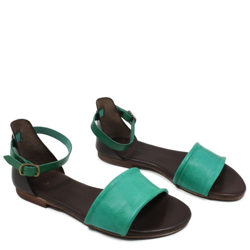 Flat Sandals in Genuine Leather 'Stripe' - Brown/Green