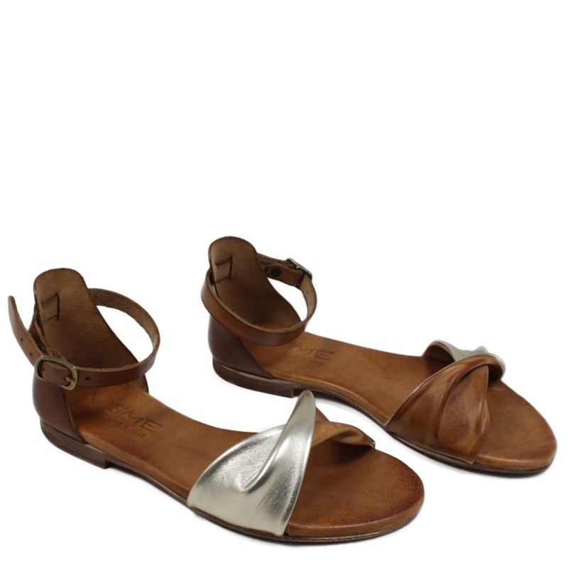 Flat Sandals in Genuine Leather "Procida" - Tan/Platinum