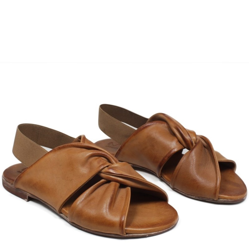 Flat Sandals in Genuine Leather with elastic "Cross" - Tan