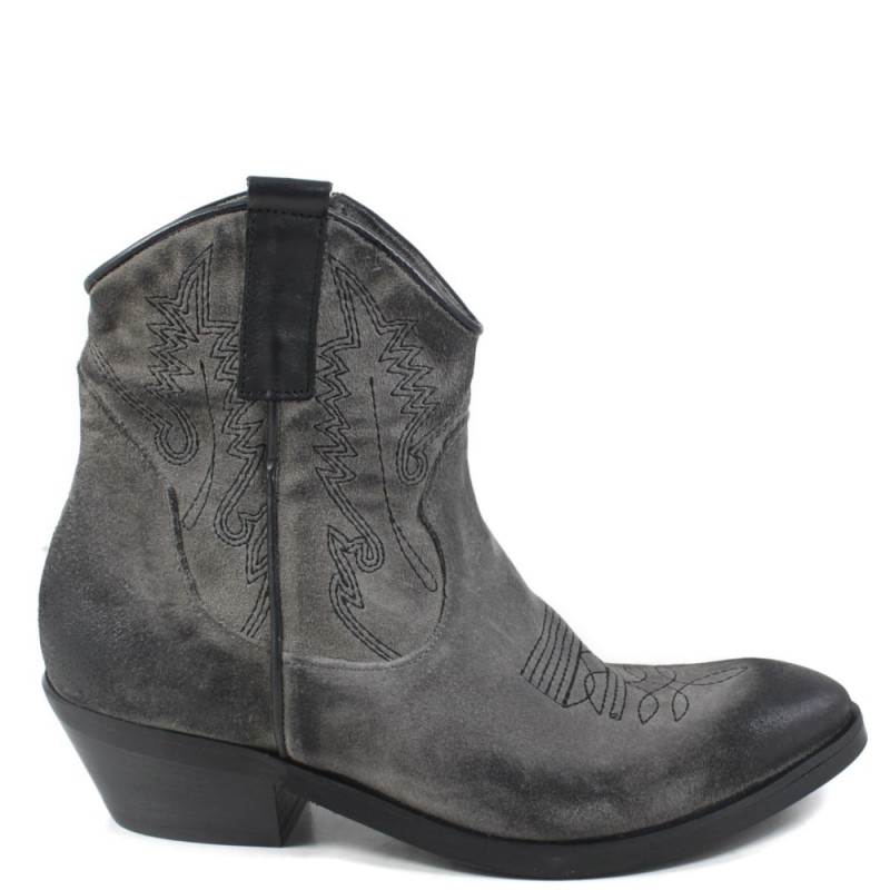 Texan Embroidered Low Boots 'LOLA' - Suede Gray