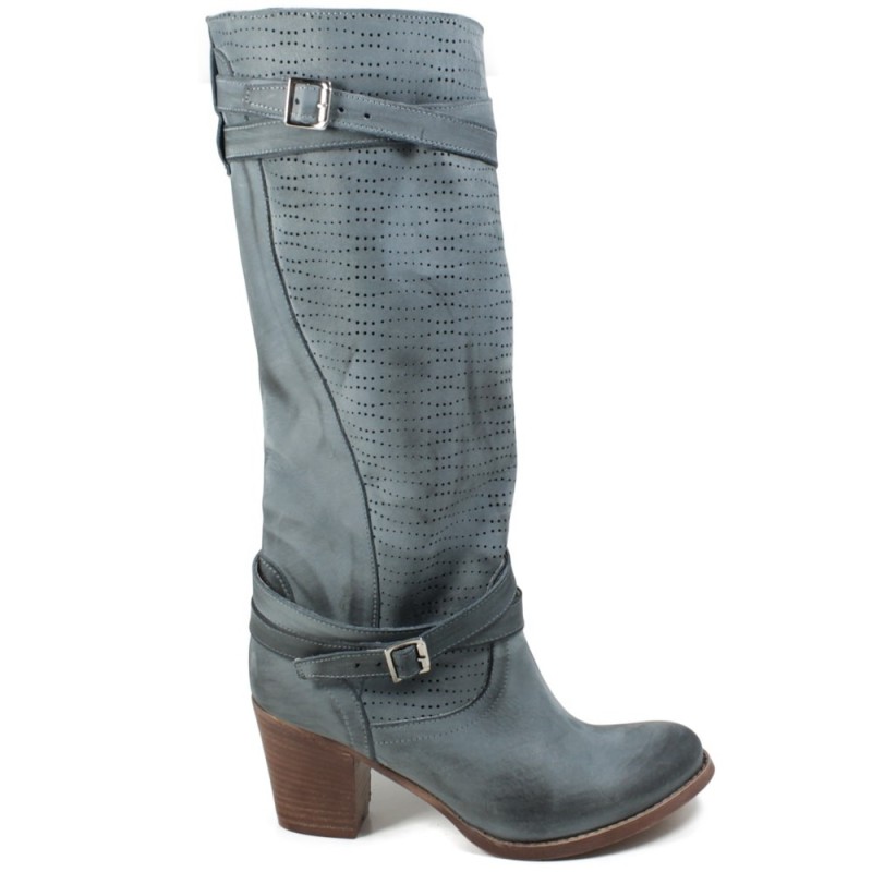 Perforated High Boots with Heel "Keli' - Blue