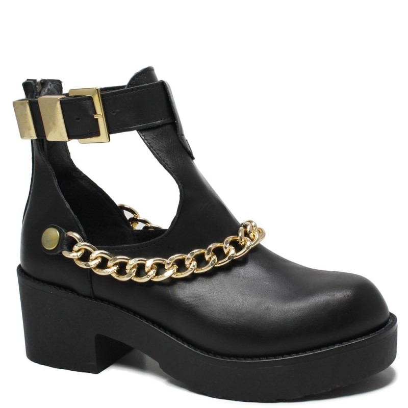 Cut Out Boots with Chain 'Bronx' - Black Leather