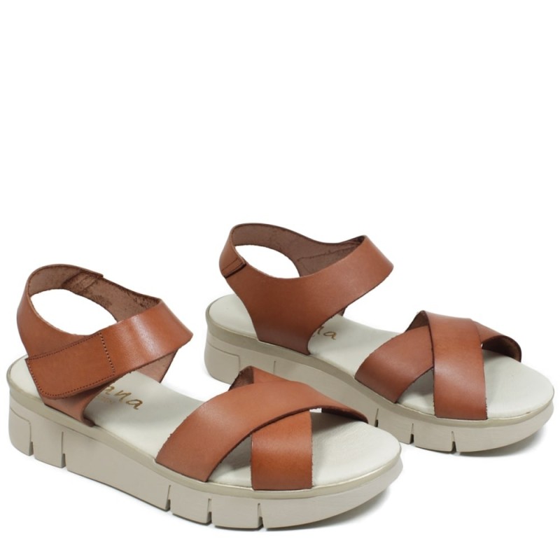 Flat Sandals Comfort Line in Genuine Leather "F13" - Tan