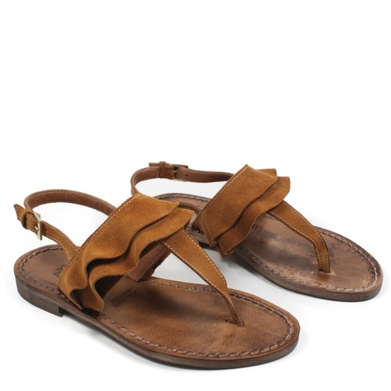 Flat Flip Flops Sandals in Genuine Leather "Paloma" - Tan