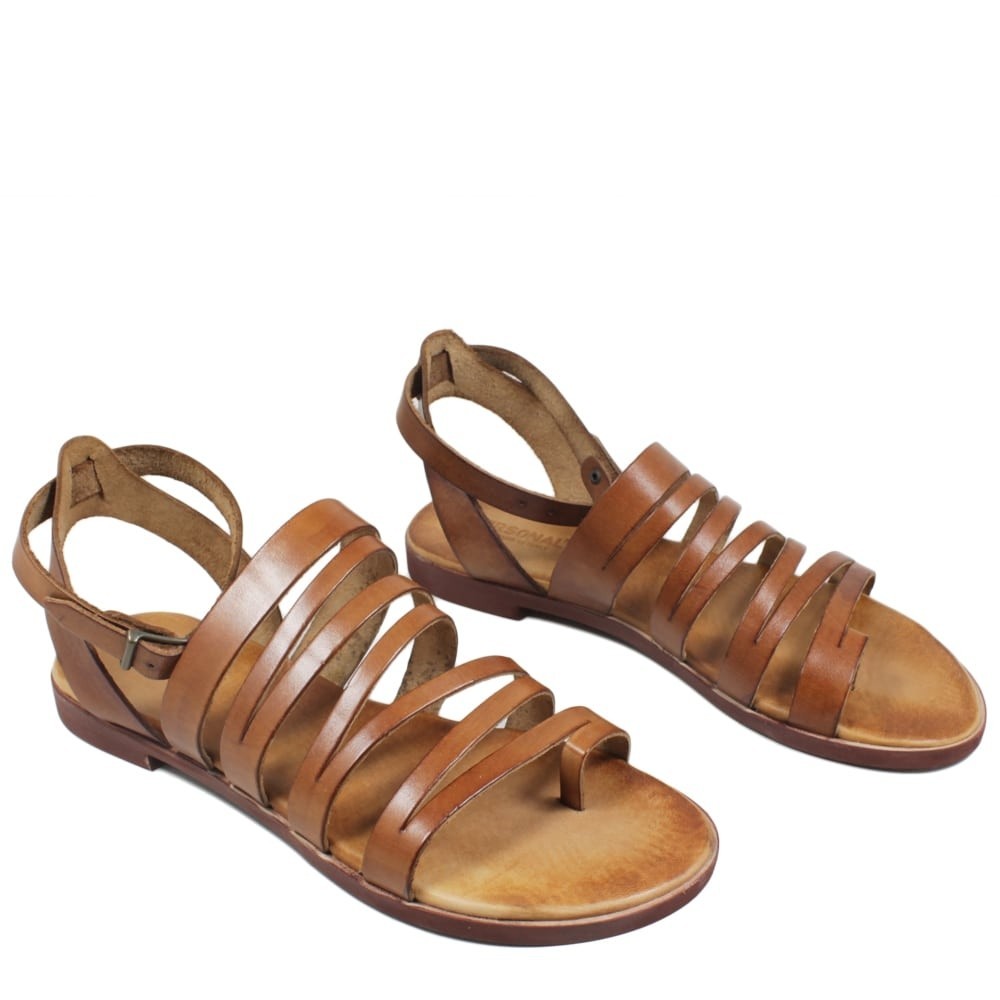 Flat Sandals with Ankle Strap in Genuine Cowhide Leather Tan Handmade ...