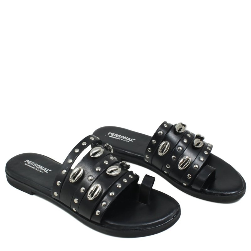 Flat Sandals in Genuine Leather with Shell "Shak" - Black