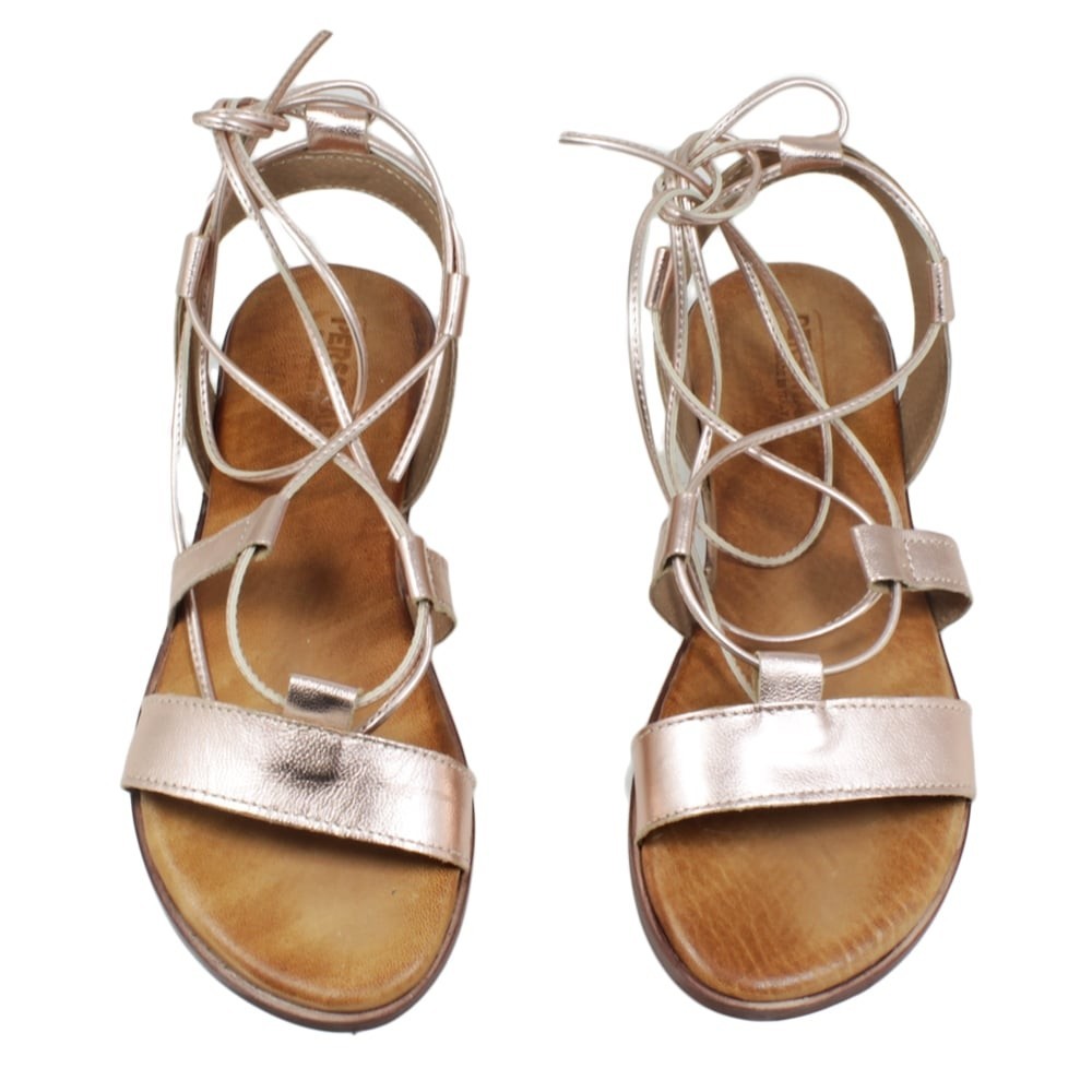 Flat Sandals with Ankle Laces in Leather Metal Copper Tan Handmade in Italy