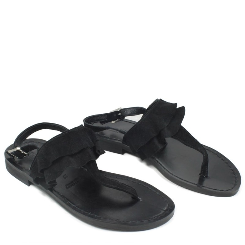 Flat Flip Flops Sandals in Genuine Leather "Paloma" - Black