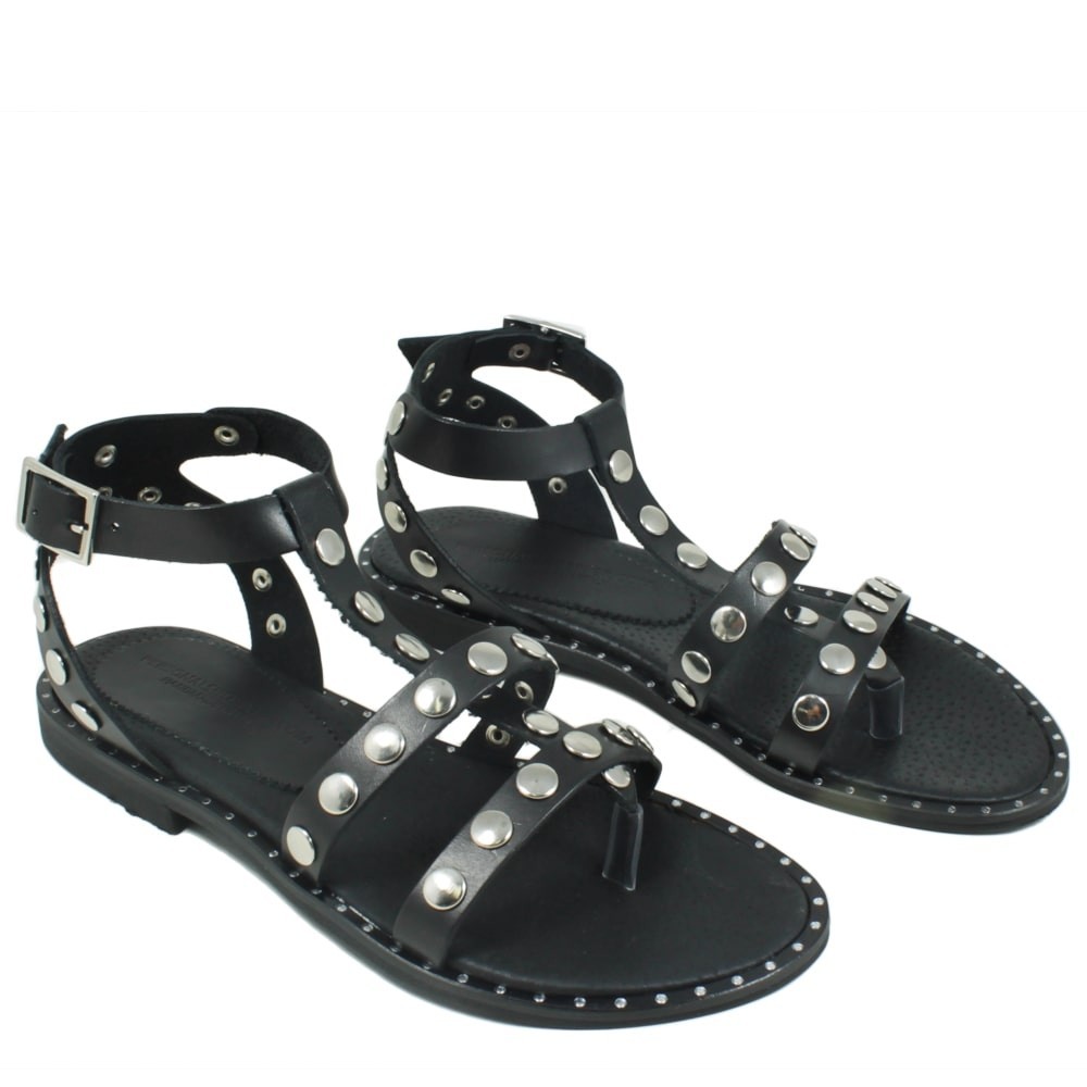 Flat Thong Sandals in Genuine Leather Black Studs Made in Italy