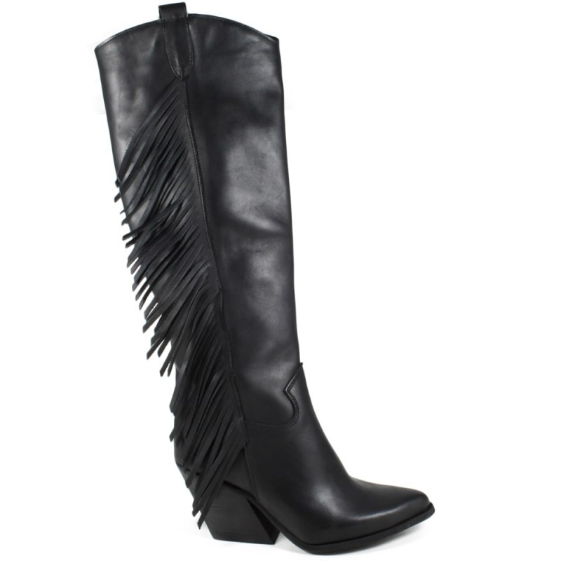 Texan Camperos High Heels Boots with fringe 'T07' - Black