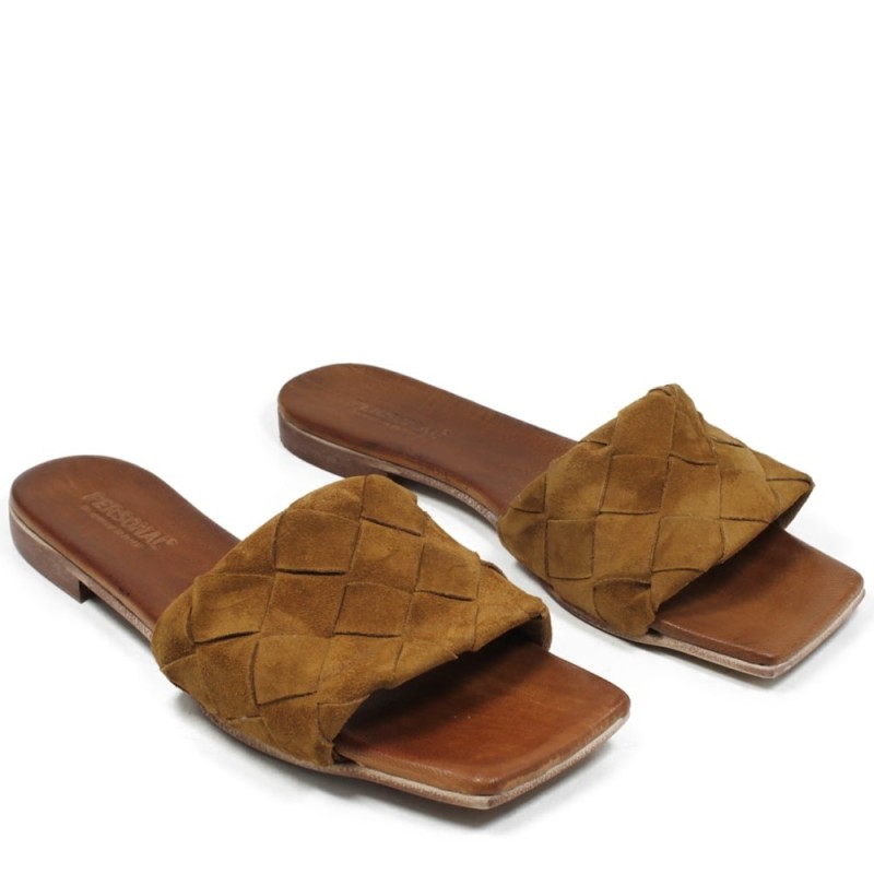 Slipper Sandals with Woven Leather Square Toe "Slot" - Suede Tan