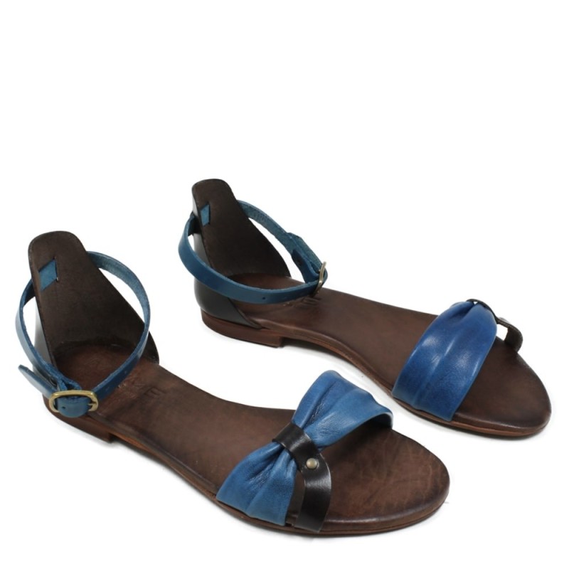 Flat Sandals in Genuine Leather "Luna" - Blue/Brown