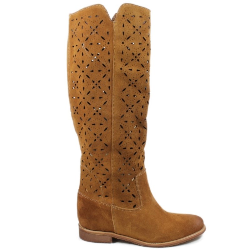 High Perforated Boots with Hidden Wedges "Tory" - Suede Tan