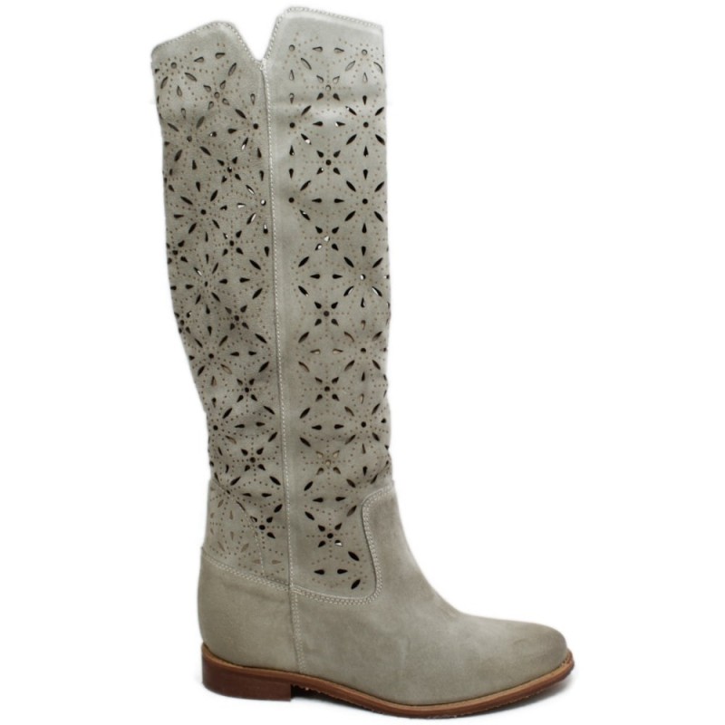 High Perforated Boots with Hidden Wedges "Tory" - Suede Taupe