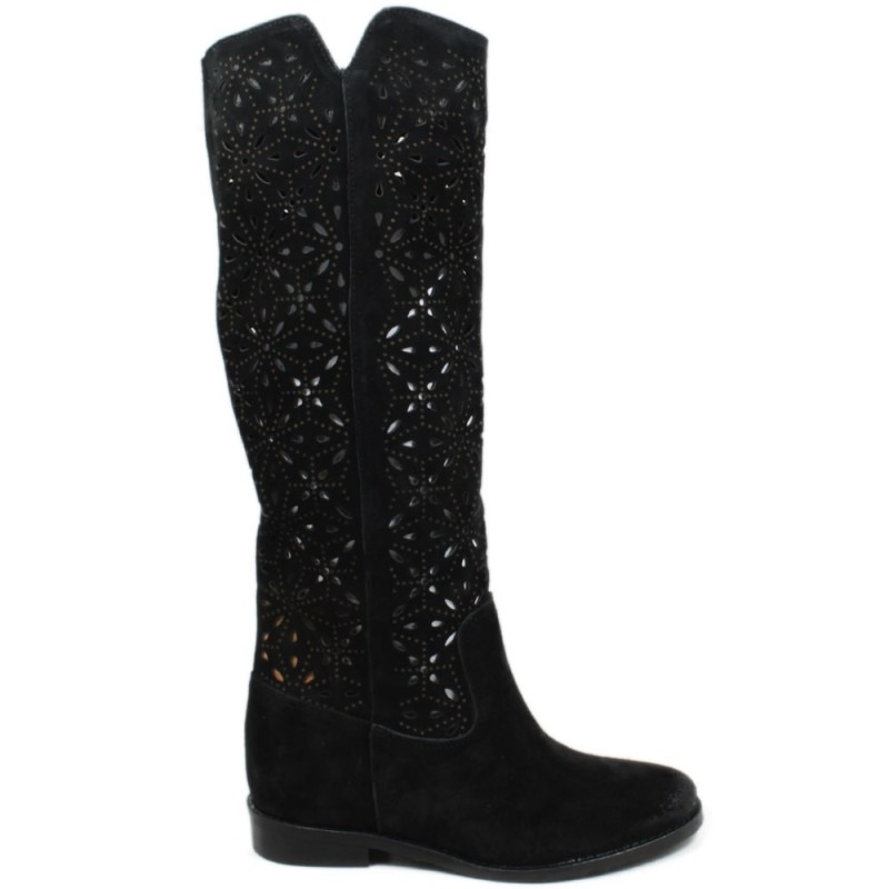 High Perforated Boots with Hidden Wedges "Tory" - Suede Black