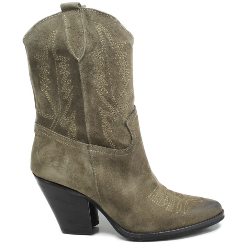 Low Texan Camperos Boots Embroidered High Heels 'Liam" - Taupe Suede
