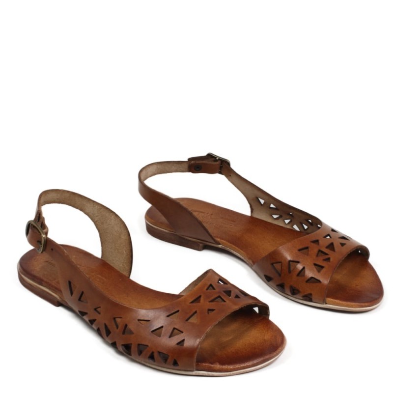 Flat Sandals in Genuine Perforated Leather "Patty" - Tan