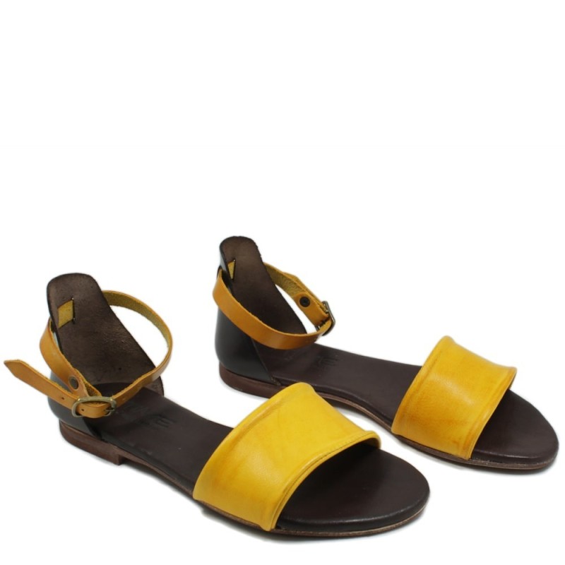 Flat Sandals in Genuine Leather "Stripe" - Brown/Ocher