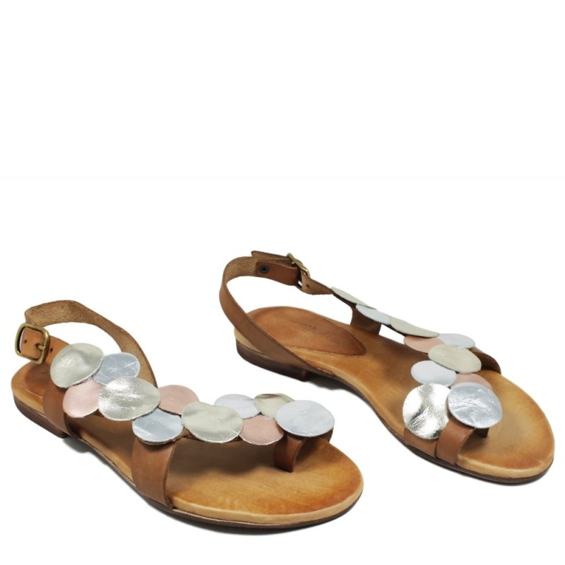 Flat Flip Flops Sandals in Genuine Leather "Penny" - Tan