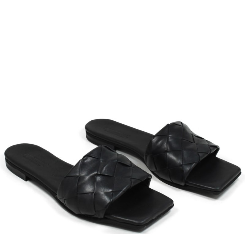 Slipper Sandals with Woven Leather Square Toe "Slot" - Black