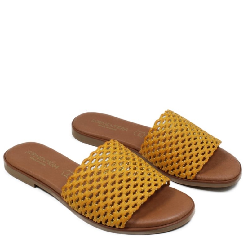 Slipper Sandals with Woven Leather "Desi" - Yellow/Tan
