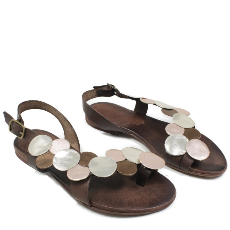 Flat Flip Flops Sandals in Genuine Leather "Penny" - Brown