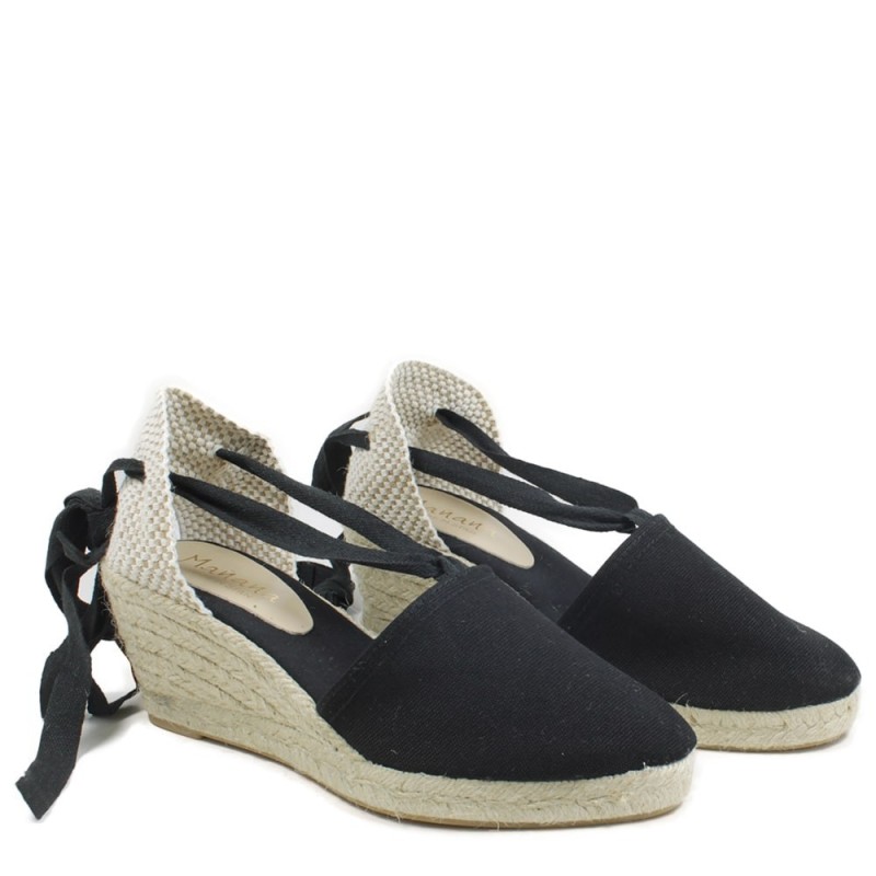 Espadrillas Sandals on Mid Wedges with Lace "501" - Black