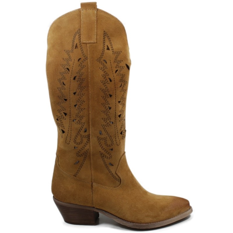 Camperos Texan Laser Perforated Boots 'JULIA" - Suede Tan