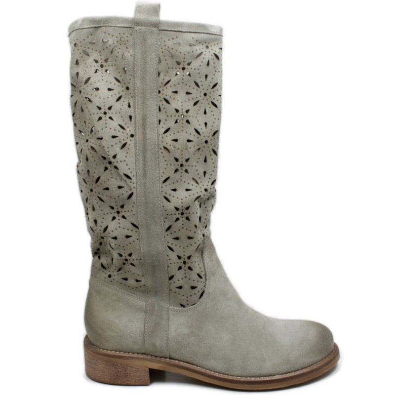 Summer Suede Boots Laser Perforated 'Plume' - Taupe