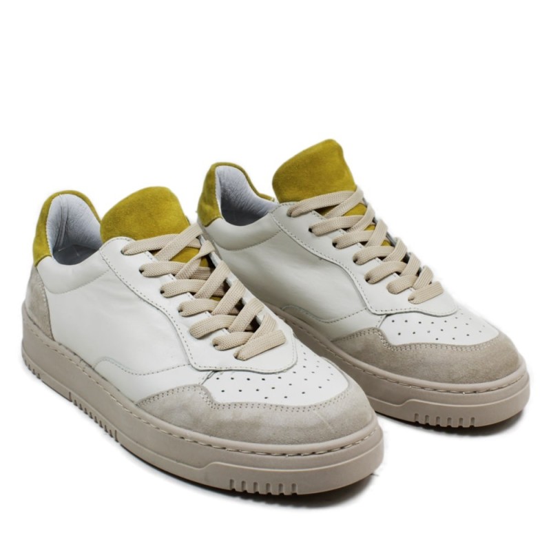 Sneakers Lace-up Leather "ARIS" - White/Ocher
