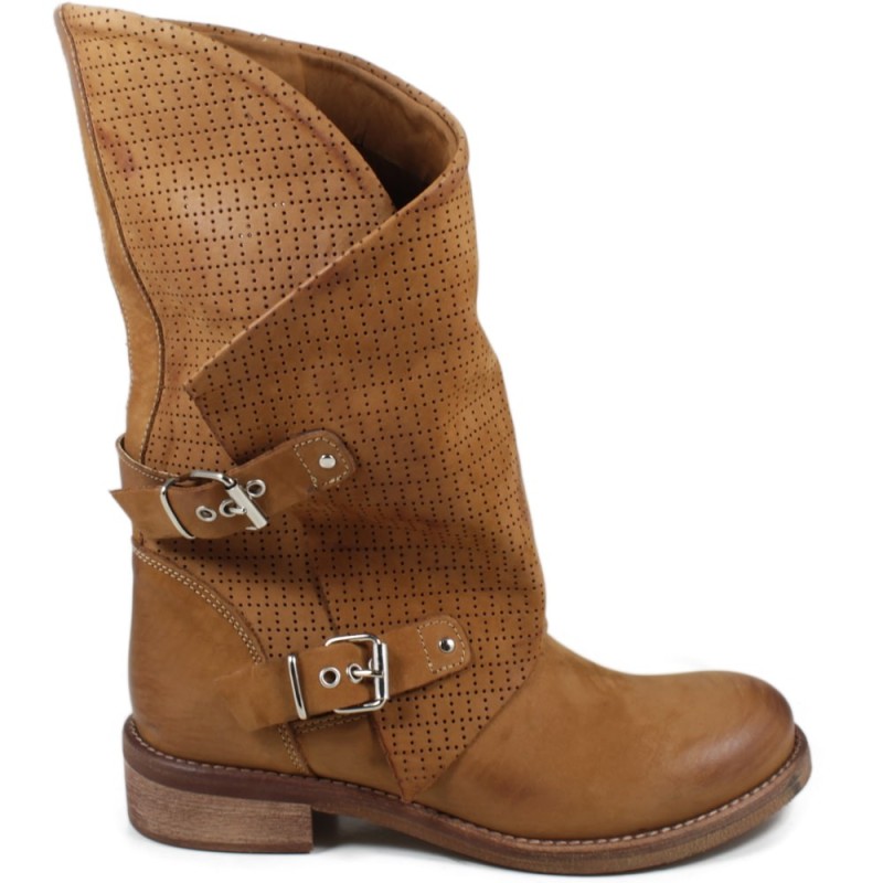 Biker Boots Perforated Asymmetrical 'MANTRA/A' - Tan