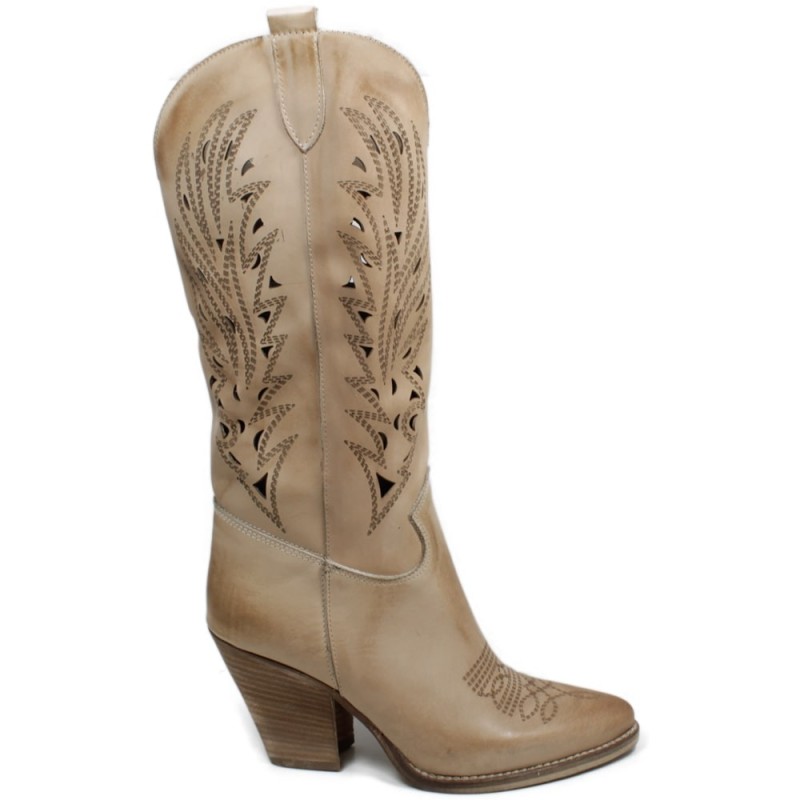 Texan Camperos Laser Perforated High Heels Boots 'SAMY" - Taupe