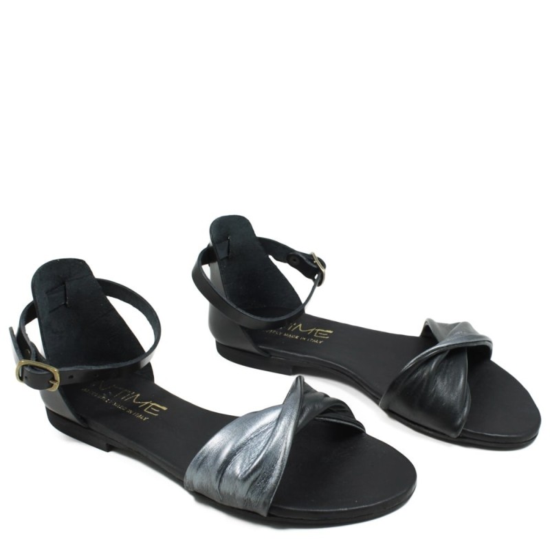 Flat Sandals in Genuine Leather "Procida" - Black/Dark Gray