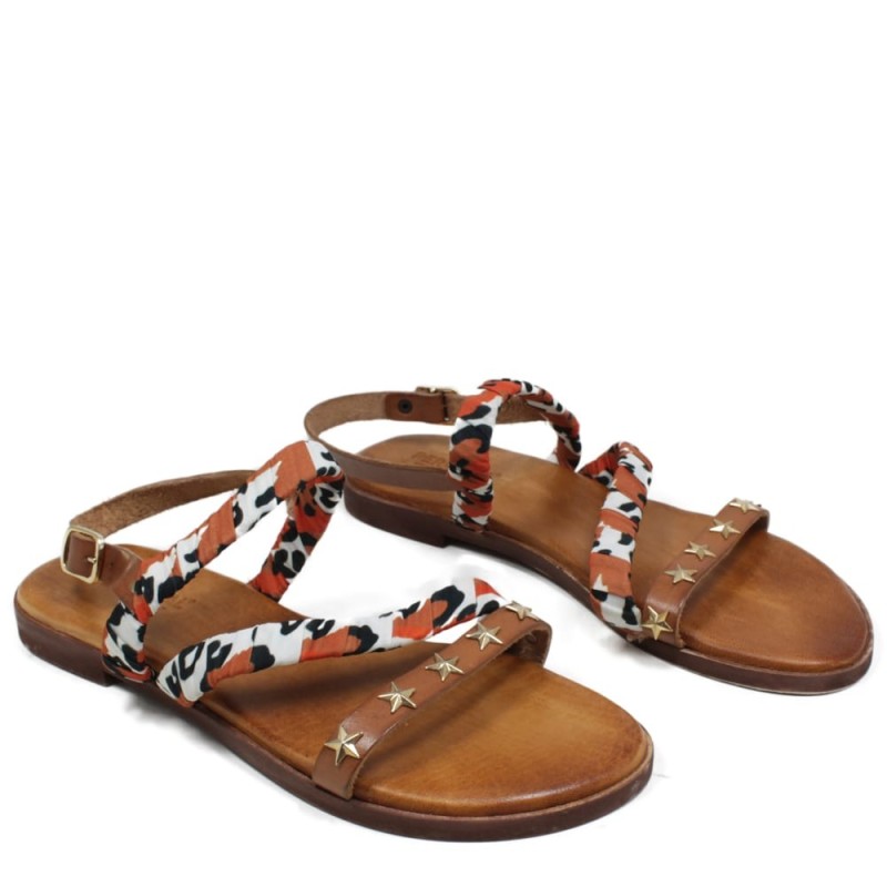 Low Sandals in Genuine Leather with Star Studs and Foulard "Star" - Tan