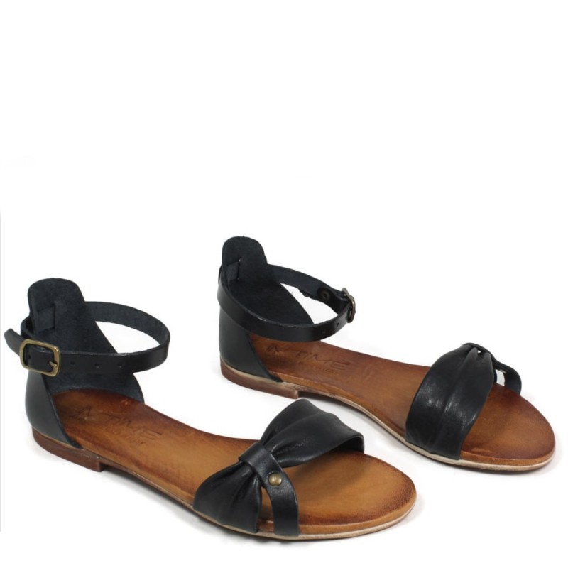 Flat Sandals in Genuine Leather "Luna" - Black/Tan