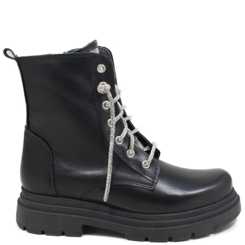 Military Boots with strass laces "BRIX" - Black