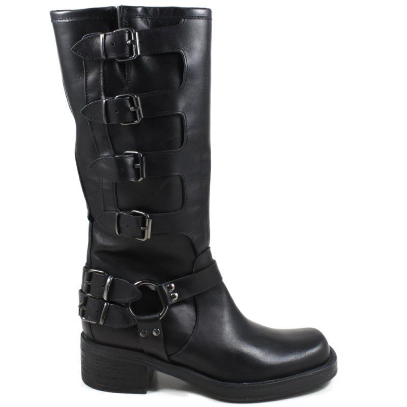 Biker Boots Square Toe with 5 Buckles "DAVE" - Black
