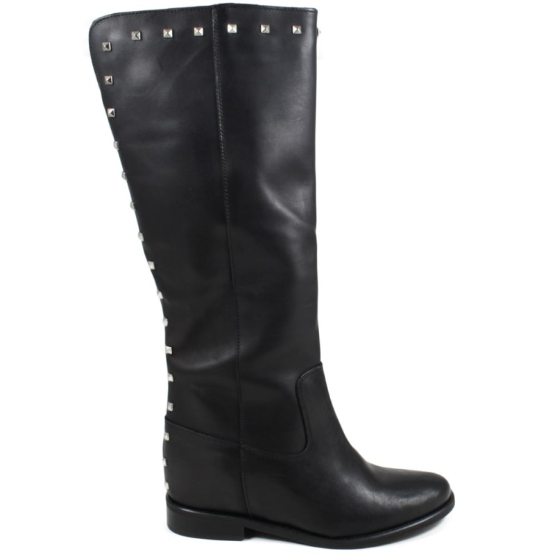 Hidden Wedges High Boots with studs "V14" - Black Leather
