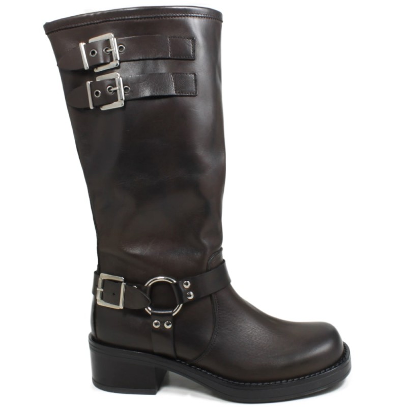 Mid Biker Boots Square Toe 3 Buckles "ROGER" - Brown