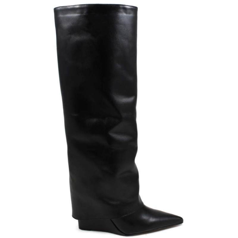 Foldover High Boots with High Wedges "LIF" - Black 