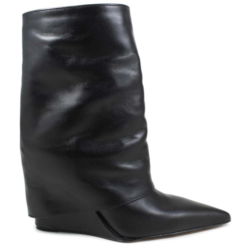 Foldover Low Boots with High Wedges "FILL" - Black 