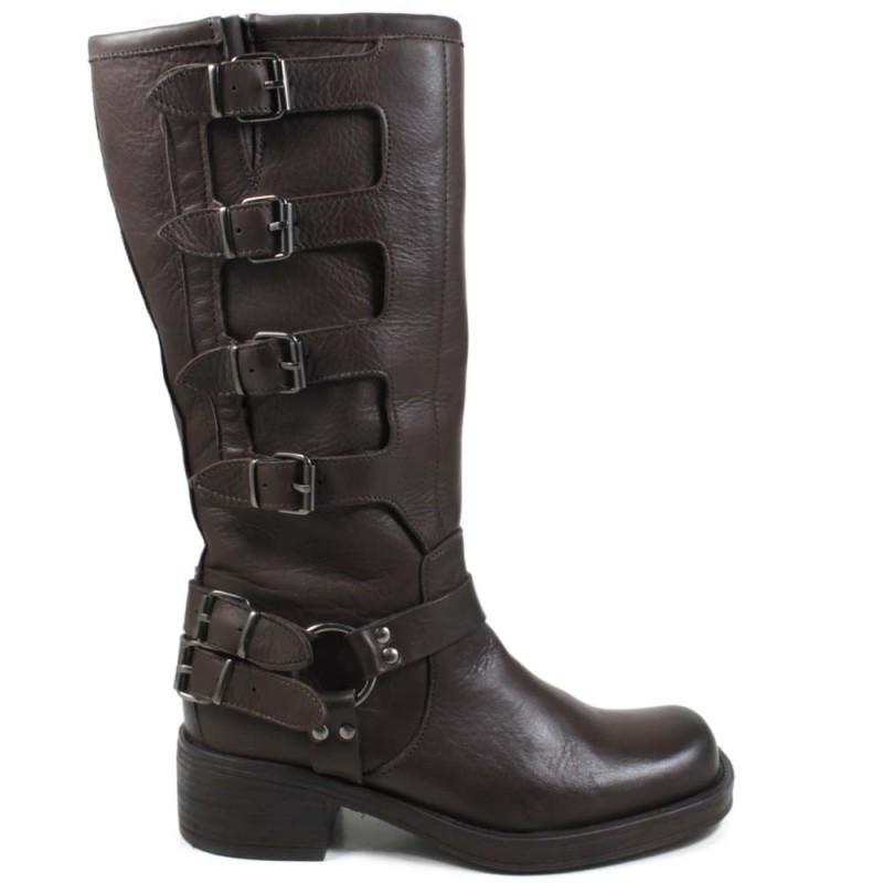 Biker Boots Square Toe with 5 Buckles "DAVE" - Brown
